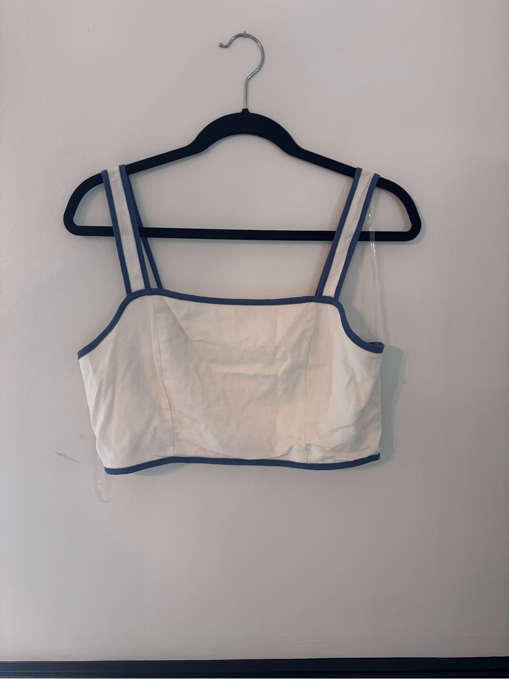 Etiquette Cream Linen Crop Tank Top with Blue Trim and zip back